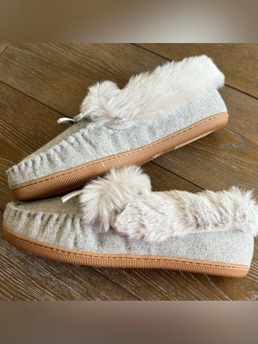 J. Crew Gray Faux-Fur Pom Moccasin Slippers with Tan Sole